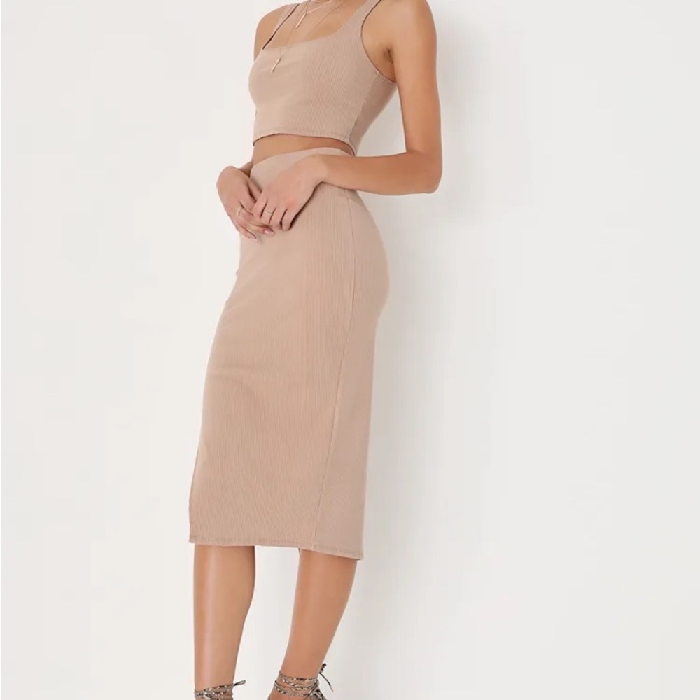 Set For Life Tan Ribbed Bodycon Two-Piece Dress